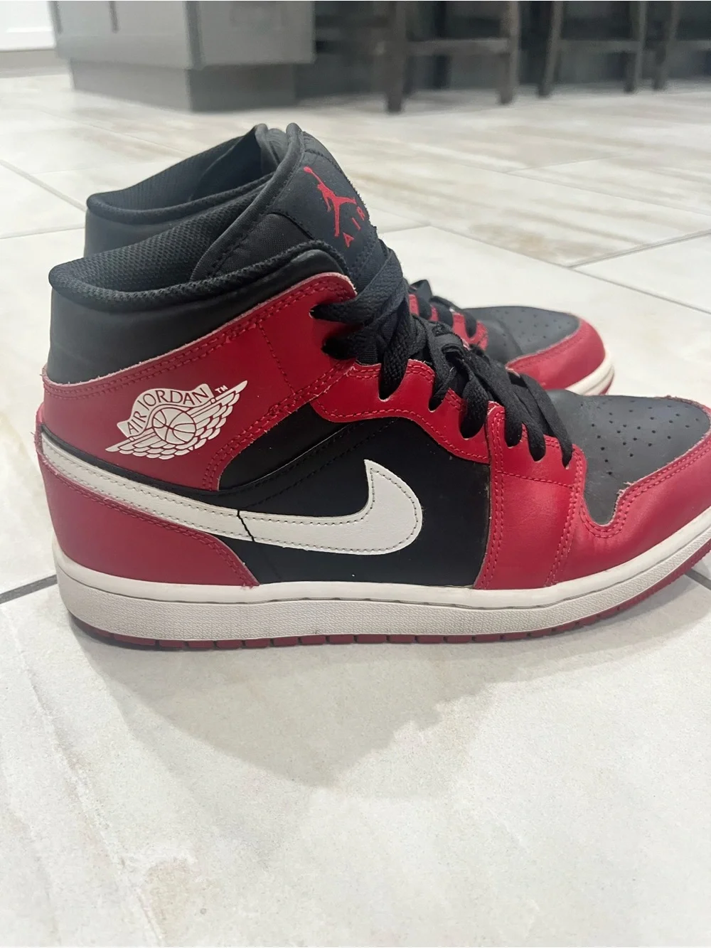 Jordan Mid Top Sneakers in Black, Red & White